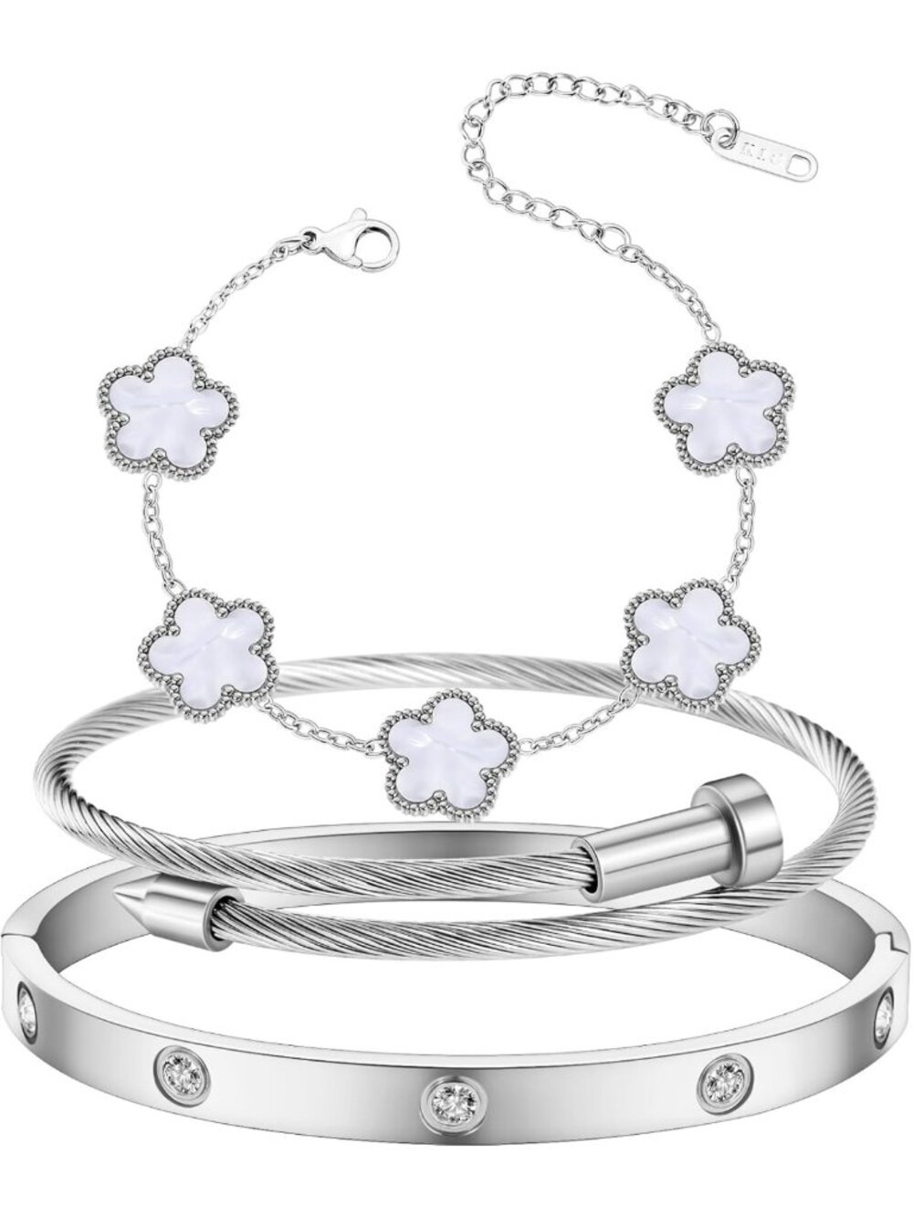 18K Gold Plated Love Friendship Bracelet Set with Cubic Zirconia Cuff Bangle